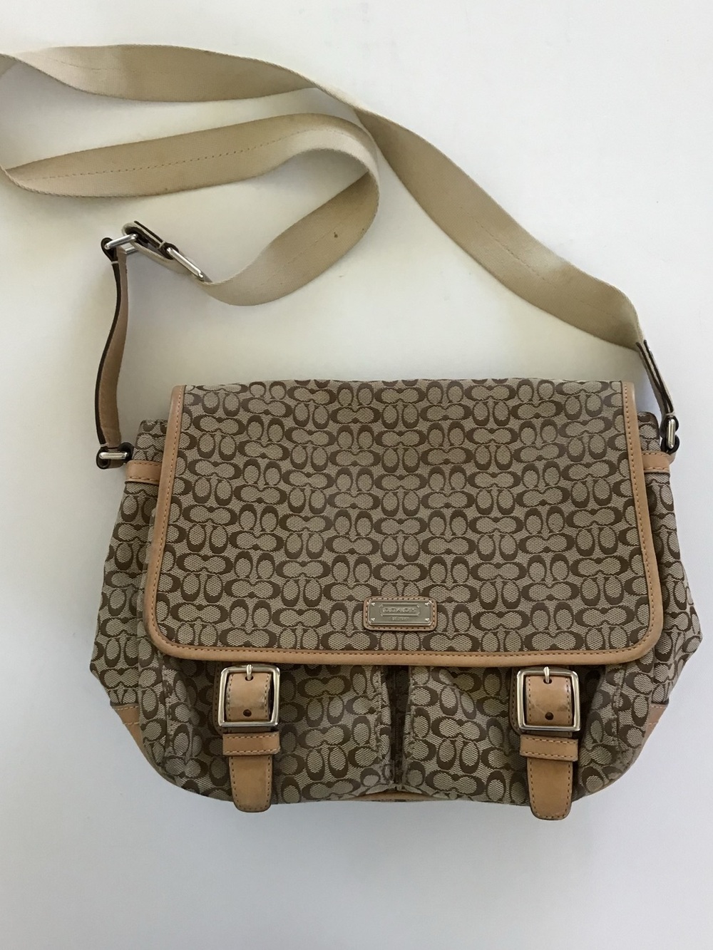Coach Signature Khaki Jacquard Canvas Leather Messenger Crossbody Bag